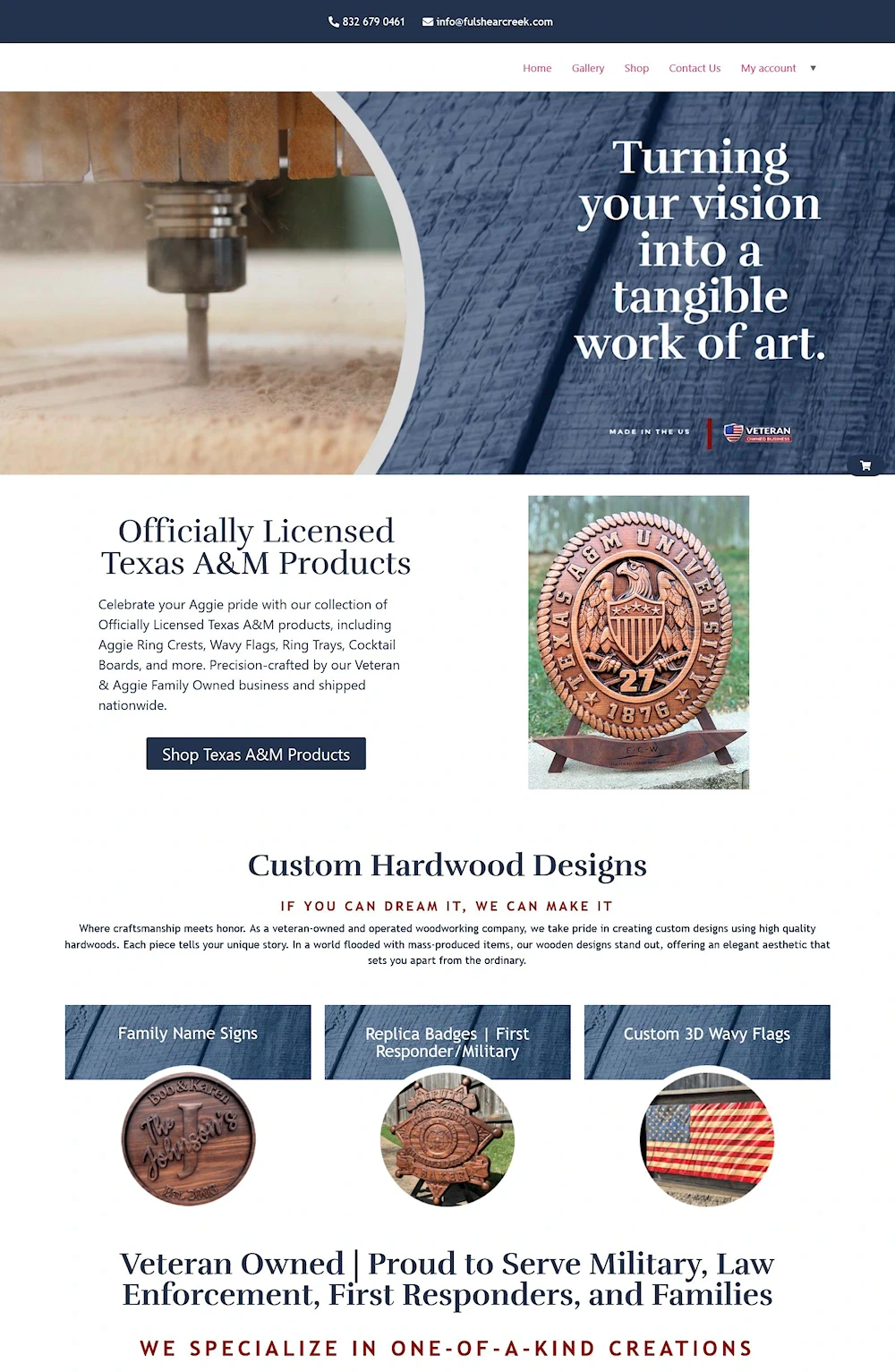 Screenshot of the Fulshear Creek Woodworks home page.